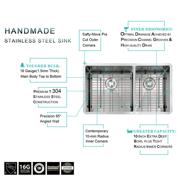 MOWA Handmade 33" L x 19" W Double Basin Undermount Kitchen Sink with